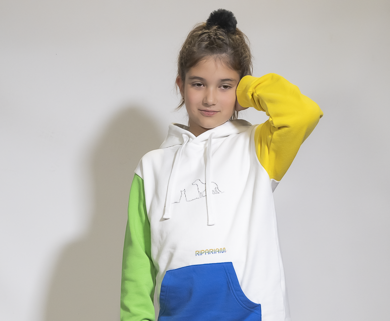 Sudadera Ripariam infantil con capucha, diseño de animales en línea y mangas en verde y amarillo, lucida por una modelo en estudio sobre fondo neutro.